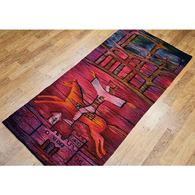 Mid 20th Century Vintage Mid-Century Tapestry, Handwoven Wool, Folkloric Rider Design, 40" X 86" For Sale - Image 5 of 15