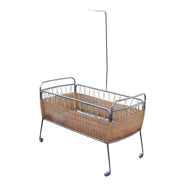 Mid-Century French Childrens Bed in Rattan and Chrome, 1960s For Sale