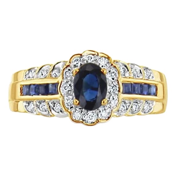 Oval Sapphire with Diamond Halo & Sapphire Diamond Accents, Size 6 For Sale