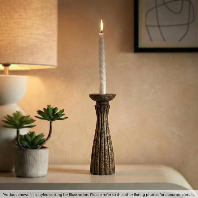 Dimensions: 5" W x 5" D x 14" H This is a vintage hand carved candle stand with hand embossed brass foil cladding. The...