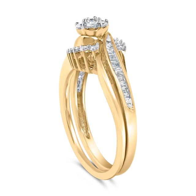 Haus of Brilliance 14K Yellow Gold Plated Sterling Silver 1/2 Cttw Diamond Cluster Spiral Bridal Set - Size 7 For Sale - Image 4 of 6