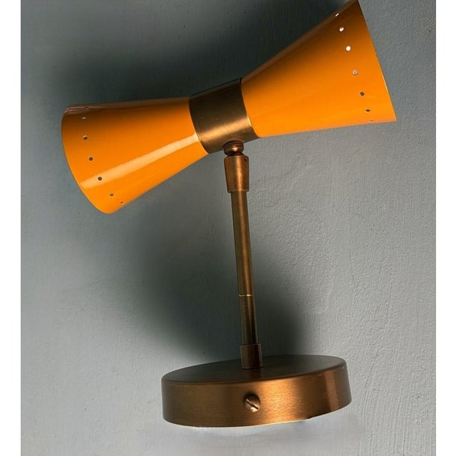 Orange Stilnovo Style Pair of Italian Wall Sconces in Lacquered Metal and Brass For Sale - Image 8 of 12