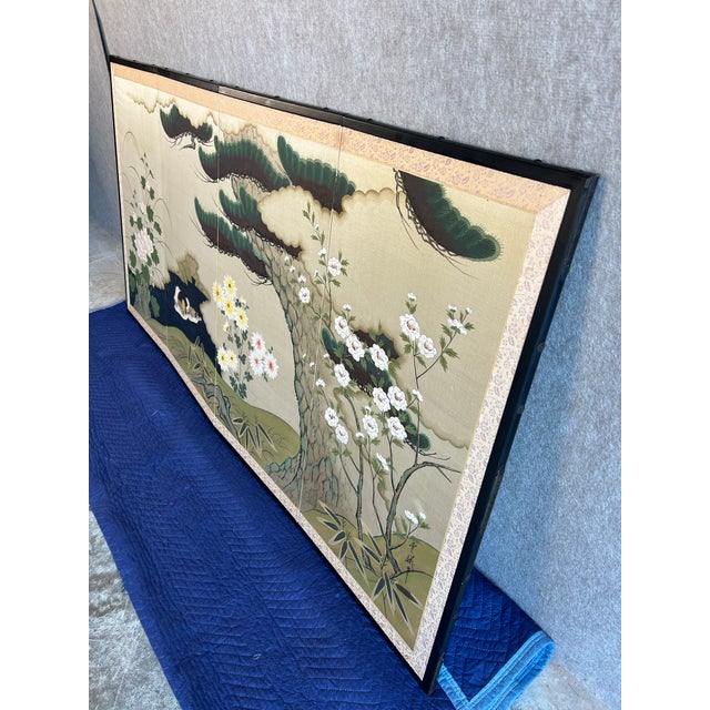 Chinoiserie Large Mid 20th Century Chinese Mandarin Ducks, Pine Tree and Peonies Wall Folding Screen - Artist Signed For Sale - Image 3 of 12