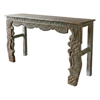 Antique Hand-Carved Wood Console Table With Brass Stud Detailing – Ornate Entryway Accent For Sale