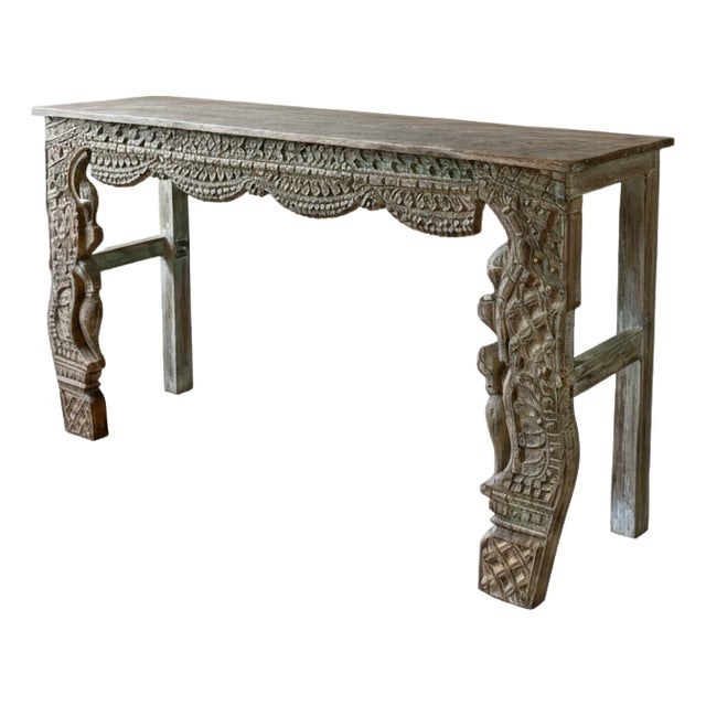 Antique Hand-Carved Wood Console Table With Brass Stud Detailing – Ornate Entryway Accent For Sale