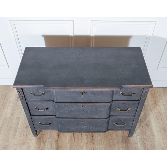 Wood Gustavian Style Chest of Drawers in Black with Brass Hardware and Carved Details For Sale - Image 7 of 11