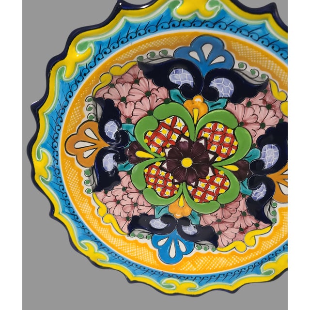 Late 20th Century Vintage Colorful Talavera Hand Painted Art Wall Hanging Plate For Sale - Image 5 of 7