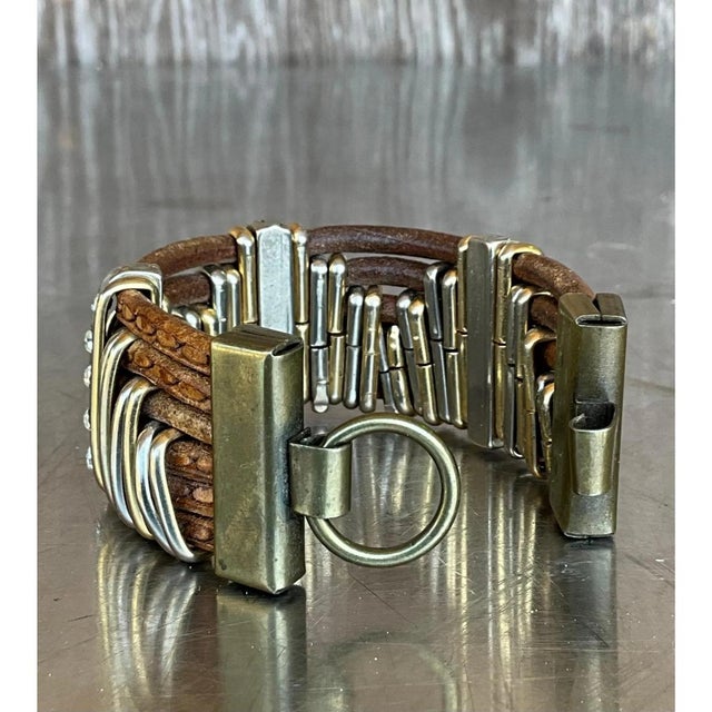 Vintage Leather & Silver Rhinestone Cuff Bracelet For Sale - Image 12 of 12