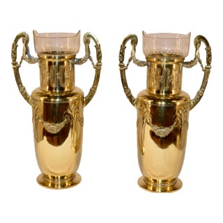 Pair of 19th C. Hand Cast Brass Vases With Glass Inserts For Sale