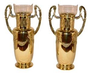 Pair of 19th C. Hand Cast Brass Vases With Glass Inserts