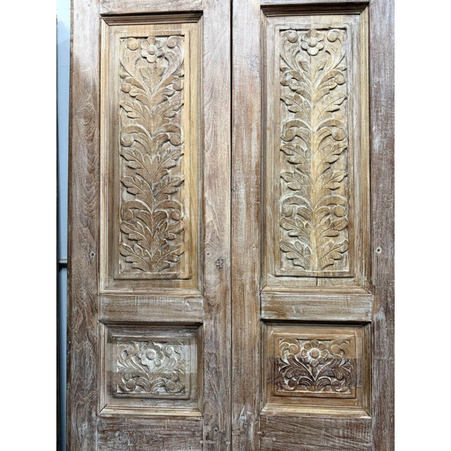 Mid-Century Modern Antique Floral Carved Pantry Doors | Rustic Farmhouse Double Doors | Hand-Carved Wood Hinged or Sliding Entry For Sale - Image 3 of 7