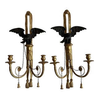 Pair of Antique Italian Carved Wood Candle Power Neoclassical Wall Sconces. For Sale