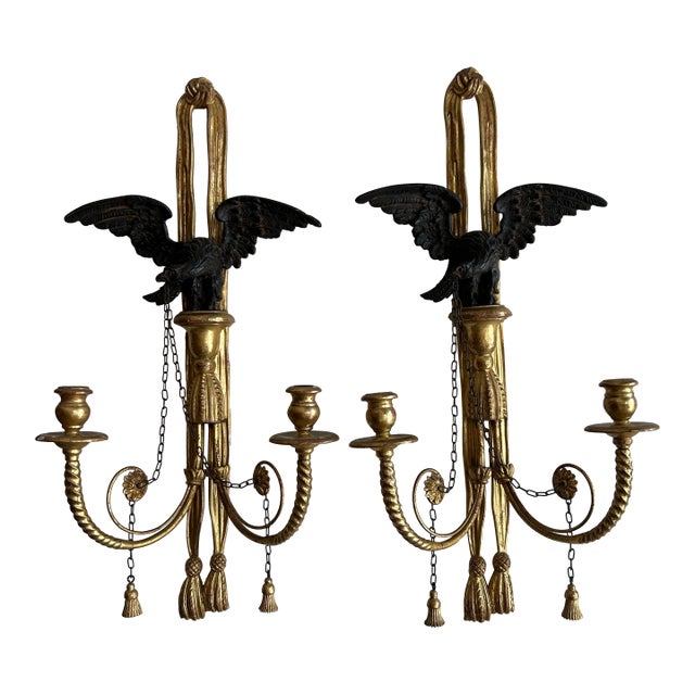 Pair of Antique Italian Carved Wood Candle Power Neoclassical Wall Sconces. For Sale