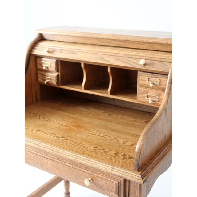 Brown Vintage Oak Roll Top Secretary Desk For Sale - Image 8 of 17