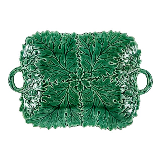 English Majolica Greenware Acorn Oak Leaf Twig Handled Deep Dish Server For Sale