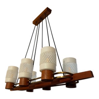 Mid 20th Century Danish Modern Teak & Brass 6-Light Chandelier With Textured Glass Shades For Sale