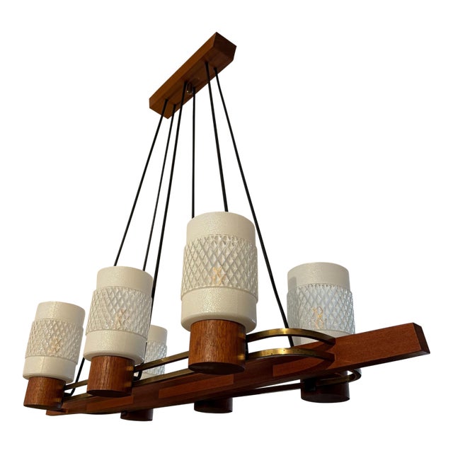 Mid 20th Century Danish Modern Teak & Brass 6-Light Chandelier With Textured Glass Shades For Sale
