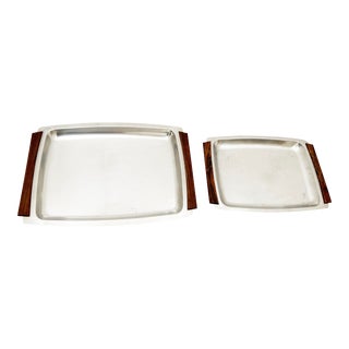 Sleek Mid Century Modern Stainless Steel & Teak Wood Handle Tray Set - 2 Pieces For Sale