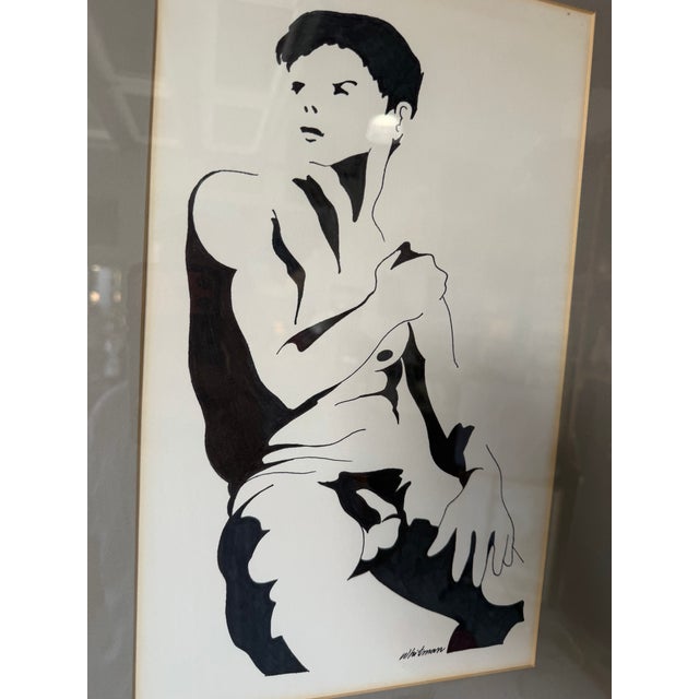1980s Vintage Figurative Sitting Nude Man Painting on Paper by Whitman, Framed For Sale - Image 11 of 12