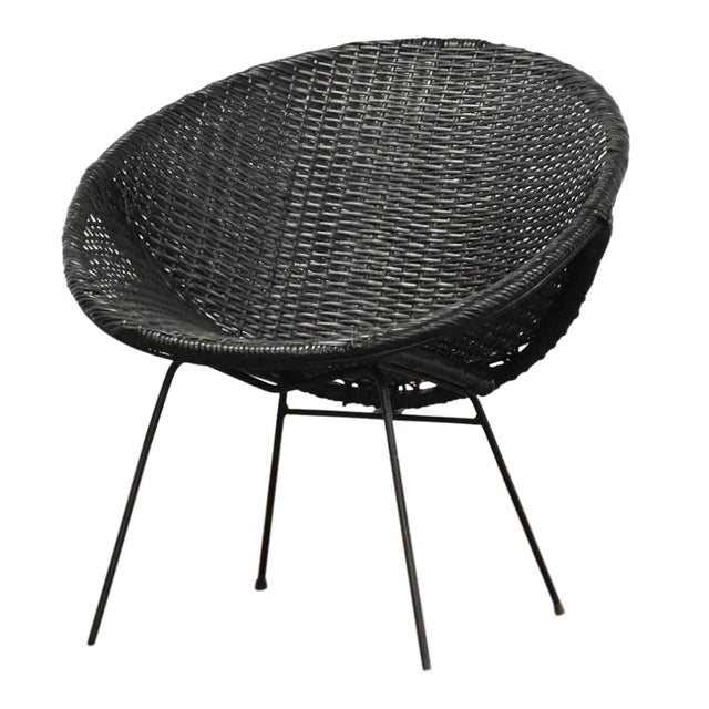 1970s Black Wicker and Iron Lounge Chair For Sale
