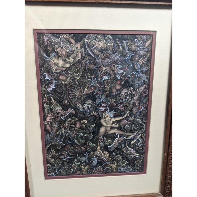 Late 20th Century Pair of Balinese Batuan-Style Narrative Paintings in Hand-Carved Wood Frames For Sale - Image 9 of 16