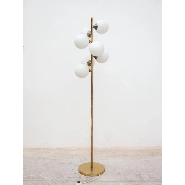 Mid-Century German Opaline Globe Floor Lamp in Brass from Kaiser, 1959 For Sale - Image 4 of 11