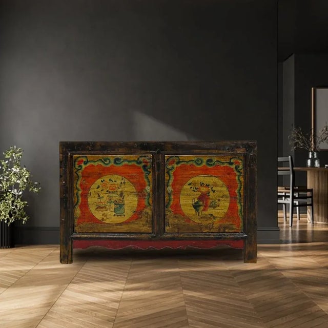 This 2 panels door sideboard is hand made, using traditional Chinese furniture construction and joinery and hand painted...