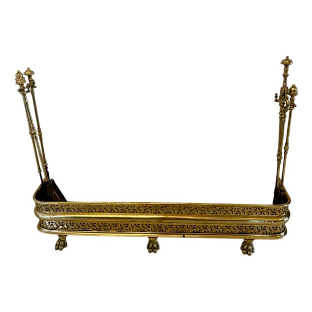 Antique Regency Brass Fender with Original Fire Irons, 1830 For Sale