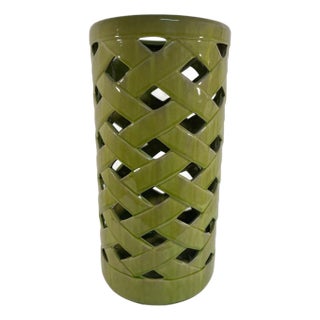 Vintage 1970s Green Ceramic Lattice Style Umbrella Stick Stand For Sale