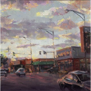 Intersection by Mary Flack | Oil on Panel City street scene at dusk with traffic lights and buildings. For Sale