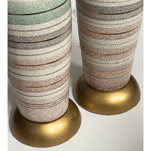 Tall Pair 1960s Bottle-Form Striped Ceramic Lamps With Crackle Glaze Finish For Sale - Image 9 of 10