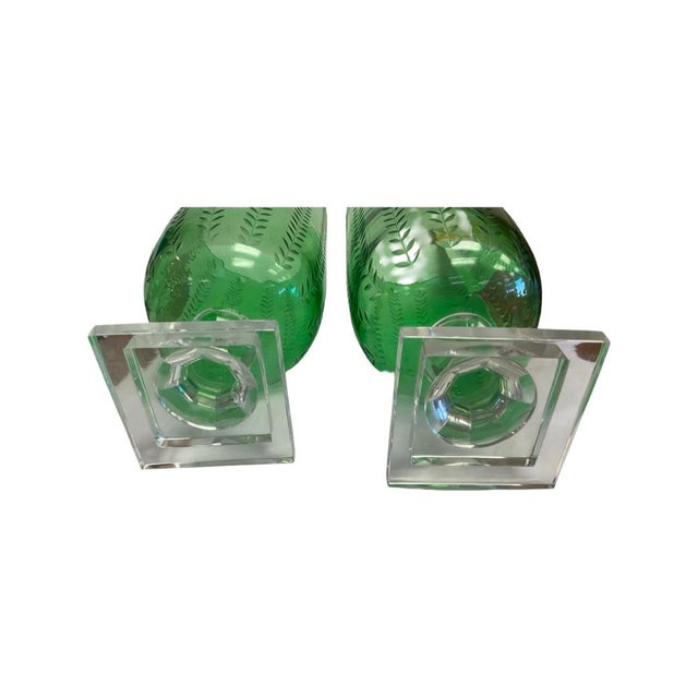 2020s Pair of Hand Blown Green Glass Hurricanes With Etched Leaf Design For Sale - Image 5 of 5