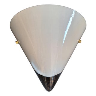 Vintage Wall Lamp with White Curved Glass Shade on Brass Bracket by Hufnagel Leuchten, 1990s For Sale