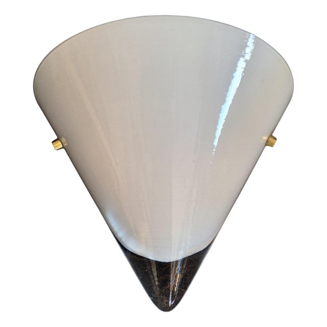 Vintage Wall Lamp with White Curved Glass Shade on Brass Bracket by Hufnagel Leuchten, 1990s For Sale