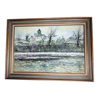 Late 20th Century Large H. Rogers Impressionist Winter Landscape Oil Painting Framed 43x31 in Style of Claude Monet For Sale