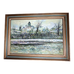Late 20th Century Large H. Rogers Impressionist Winter Landscape Oil Painting Framed 43x31 in Style of Claude Monet