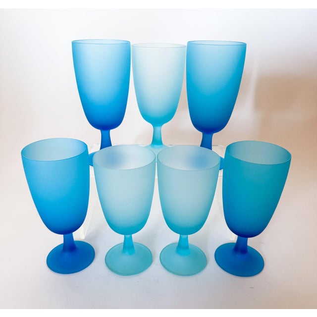 Glass 1960s Carlo Moretti Italy Satinato Frosted Blue Wine Water Glasses - Set of 7 For Sale - Image 7 of 12