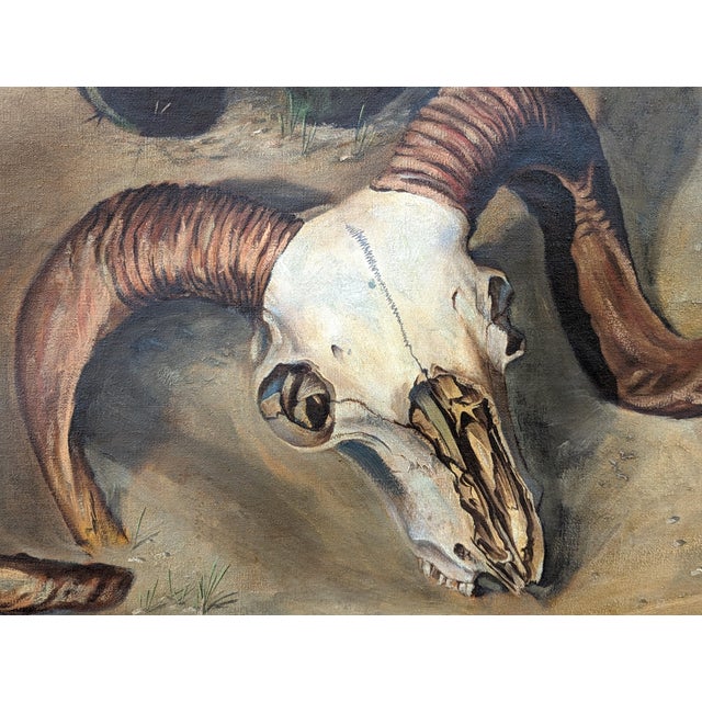 Charles Schorre Modern Naturalistic Ram Skull and Cactus Western Desert Landscape Painting, Mid 20th Century For Sale - Image 9 of 10
