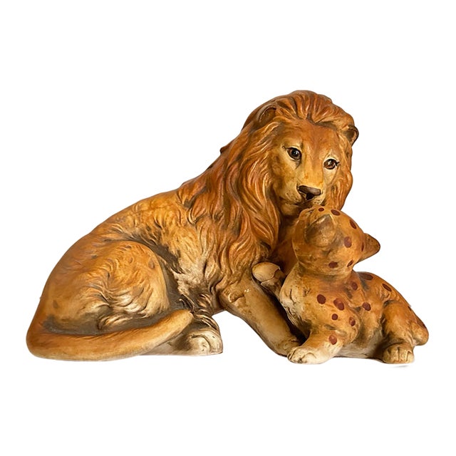 Vintage Mid-Late 20th Century Ceramic Lion & Cub Figurine For Sale