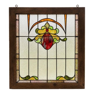 Vintage Art Nouveau Style Leaded Stained Glass Window Panel in Custom Rustic Wood Frame For Sale