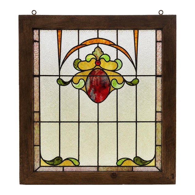 Vintage Art Nouveau Style Leaded Stained Glass Window Panel in Custom Rustic Wood Frame For Sale