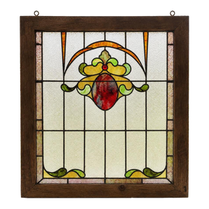 Vintage Art Nouveau Style Leaded Stained Glass Window Panel in Custom Rustic Wood Frame