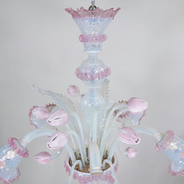 Vintage Baroque Style Opaline Murano Chandelier With Pink Lattimo Tulips and Rigaree Trim For Sale - Image 11 of 12