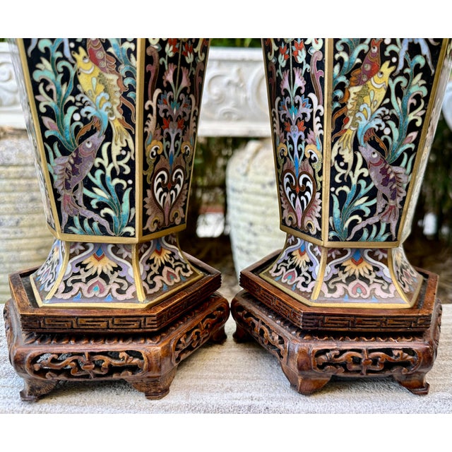 Pair of Antique Art Deco Fish Motif Gilt Bronze Cloisonné Hexagon Vases & Stands For Sale - Image 10 of 12