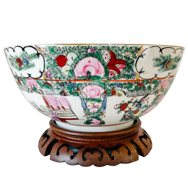 1970s Chinese Rose Medallion Hand-Painted Porcelain Punch Bowl With Carved Wood Stand For Sale - Image 9 of 13