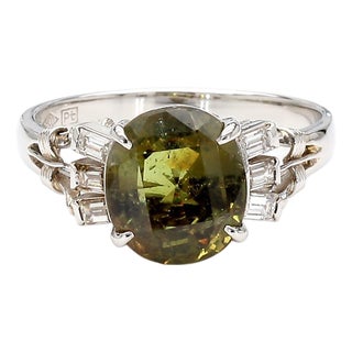Gia Certified 2.62 Carat Oval Green Alexandrite & Diamond Platinum Vintage Ring, Size 5.75 For Sale