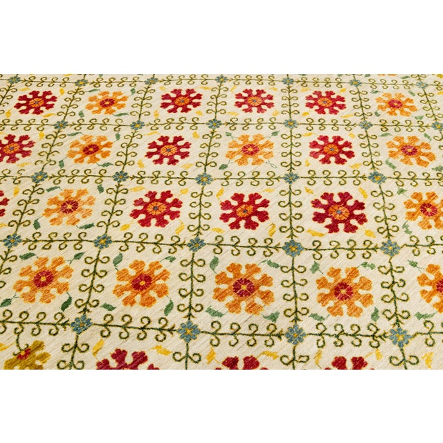 Contemporary Hand-Knotted Wool Suzani Style Area Rug With Floral Trellis Pattern For Sale - Image 11 of 12