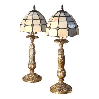 Gilded Spelter Bedside Lamps with Pâte de Verre Shades, 1960, Set of 2 For Sale