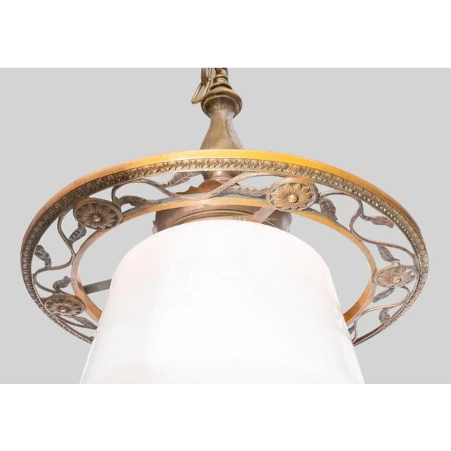 1910s Antique Arts and Crafts Schoolhouse Bronze Fixture With Milk Glass Shade For Sale - Image 5 of 6