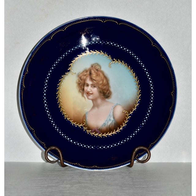 Antique Vienna Style Cobalt Blue Porcelain Cabinet Portrait Plate Hand Painted For Sale In Philadelphia - Image 6 of 13